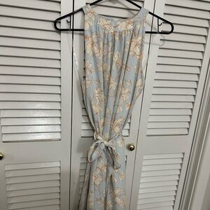 Versona Baby blue dress with terracotta outlined cream flowers.